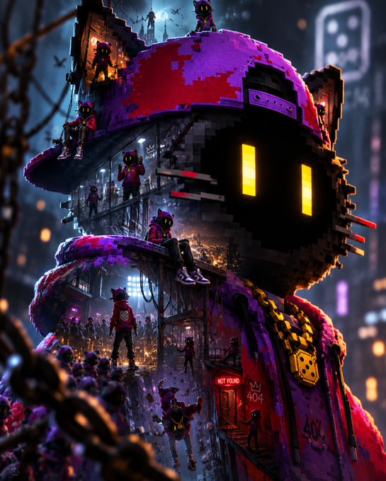 A vibrant cyberpunk illustration depicts a massive pixel-art character with glowing yellow eyes and a red hood, surrounded by smaller hooded figures amidst a futuristic cityscape with chains and neon signage reading '404 NOT FOUND'.