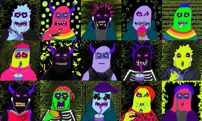 A grid of 15 brightly colored, neon-style digital illustrations of horned, monster-like figures with pixelated sunglasses, many holding items like bongs, pizza, and phones against psychedelic backgrounds.