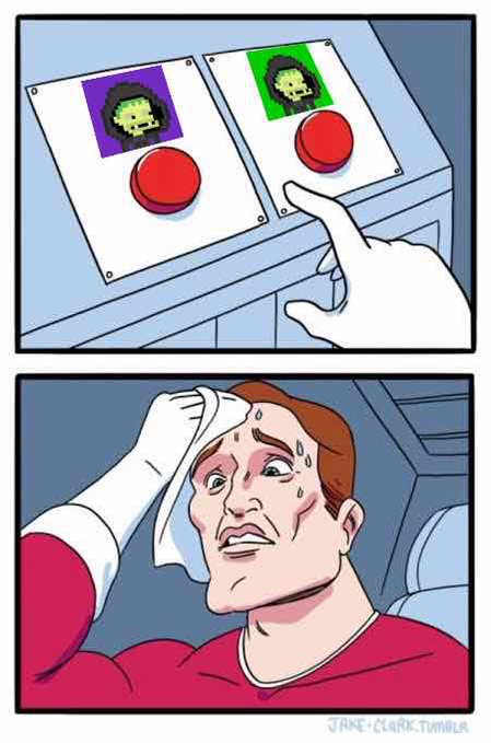 A two-panel comic showing a hand choosing between two green alien faces on a console, while a sweating, distressed man wipes his brow in the second panel.