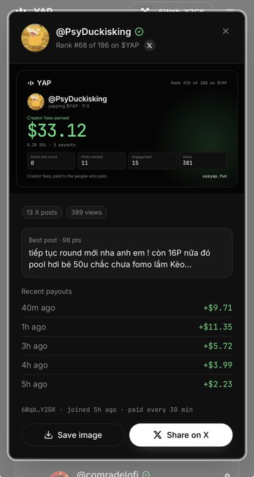 A social media profile screenshot for @PsyDuckisking shows YAP stats with $33.12 in creator fees earned, ranked #68 of 196, with recent payouts listed at the bottom.