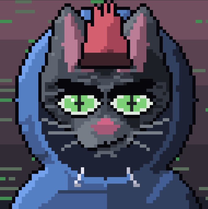 Pixel art depicts a gray cat with green eyes wearing a blue hood and a red and pink crown.
