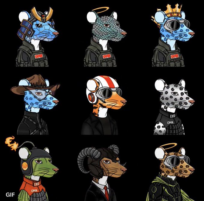 A grid of nine NFT-style anthropomorphic animal characters in profile view with various costumes including samurai armor, crowns, cowboy hats, and helmets, all wearing black tactical gear.