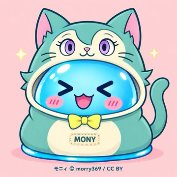 An illustration of a green cat-like character with a happy face and blushing cheeks inside a blue helmet, labeled 'MONY' on a yellow bowtie, credited to 'morry369 / CC BY'.