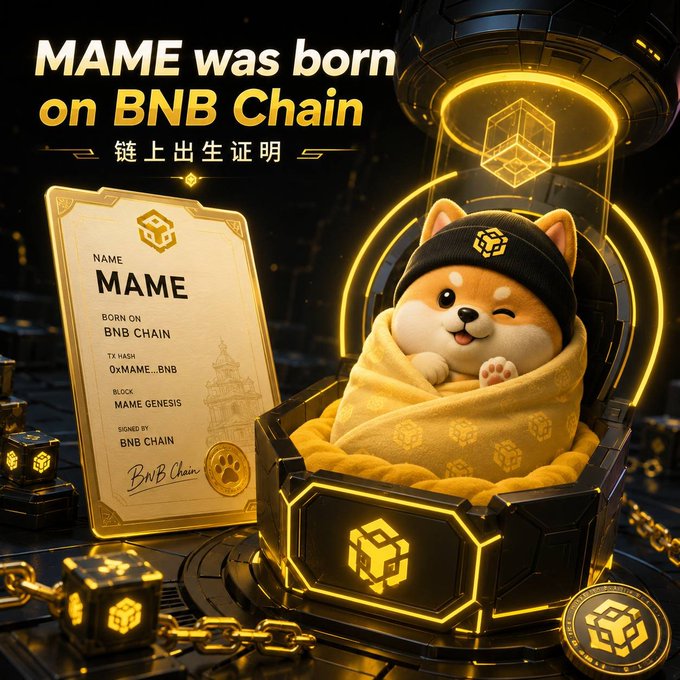 A Shiba Inu puppy wearing a BNB logo beanie winks from inside a futuristic glowing pod, posed next to a golden "Birth Certificate" documenting the token name "MAME" as "BORN ON BNB CHAIN" with TX Hash "0xMAME_BNB" and signed by BNB Chain—visually representing MAME's official on-chain debut.