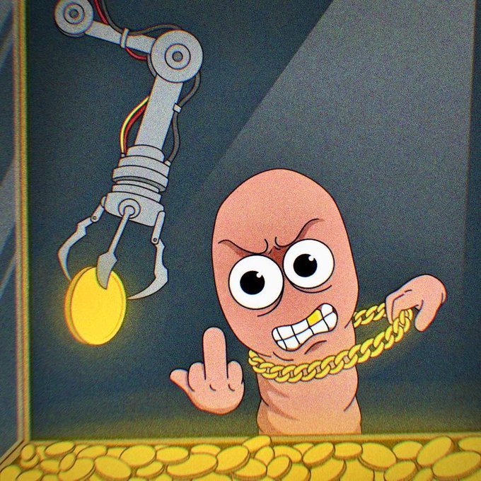 A cartoon character wearing a thick gold chain reaches toward a robotic claw holding a large yellow gem above a pile of gold coins.