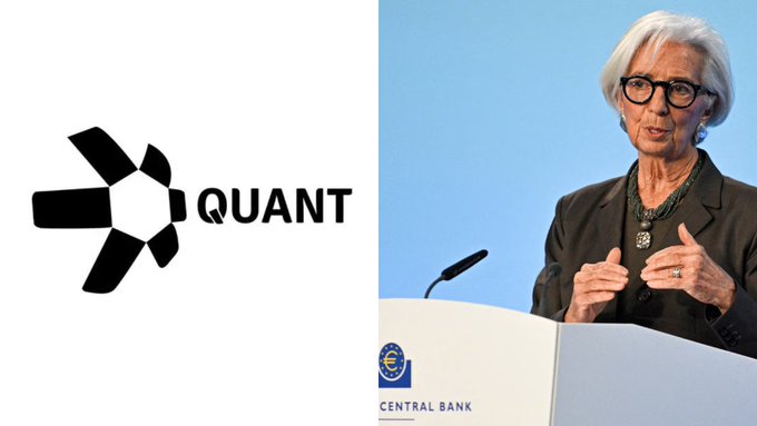 A woman speaks at a podium bearing the European Central Bank logo, alongside the Quant ($QNT) logo. The image illustrates Quant's selection for the ECB's digital euro initiative, set to advance to a 2027 pilot phase.