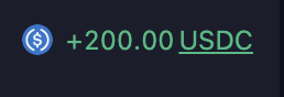 A dark background with a blue oval logo containing 'USDC' next to green text reading '+200.00 USDC'.
