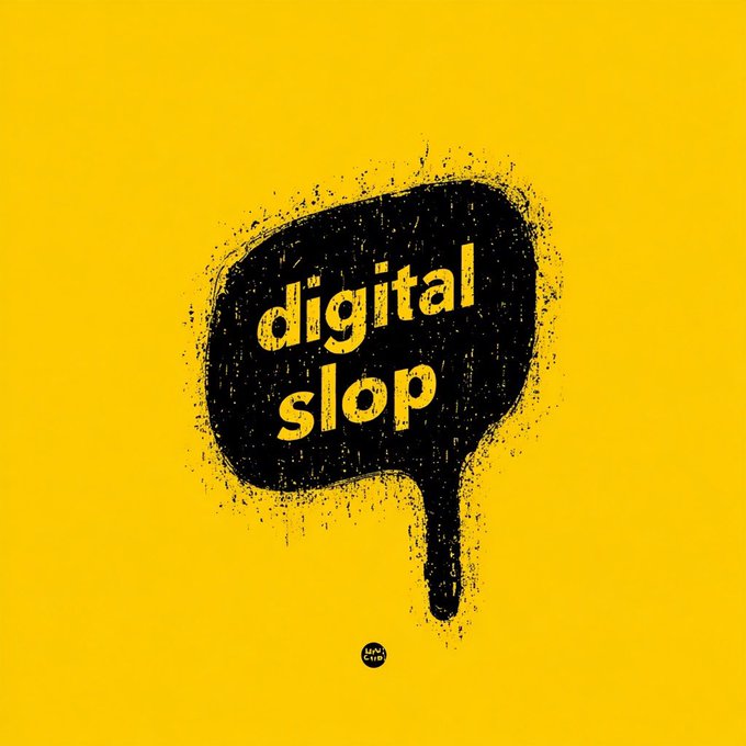 A yellow graphic design featuring the text 'digital slop' in a black spray-paint stencil style speech bubble with dripping paint effect.