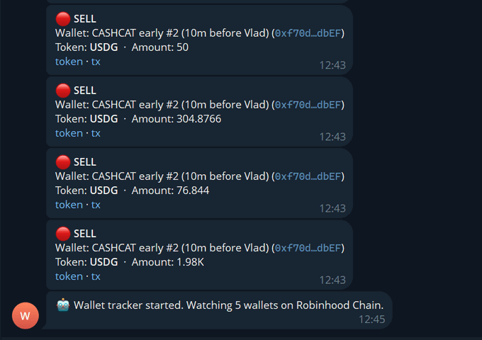 A Telegram-style chat showing multiple SELL notifications for CASHCAT early #2 wallet, trading USDG tokens for various amounts, with a final message reading 'Wallet tracker started. Watching 5 wallets on Robinhood Chain.'