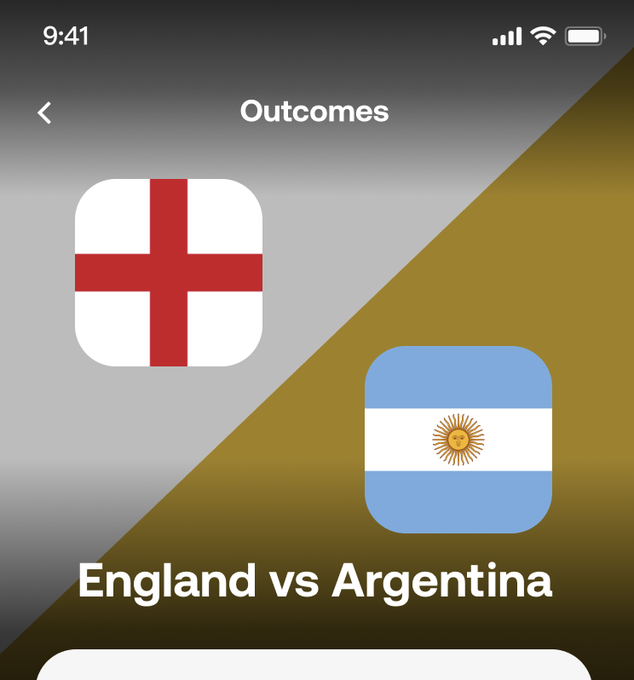 The image shows a mobile app screen titled "Outcomes" featuring an England vs Argentina matchup with their respective flags, displayed in app icon style. This visual supports the post about OKX's World Cup outcome market, where users can predict match winners and earn XP toward BTC rewards.