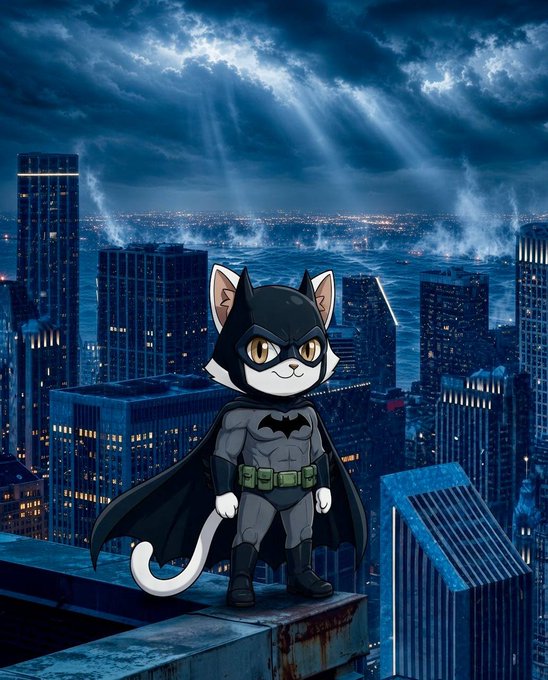 A chibi-style cat dressed as Batman stands atop a skyscraper overlooking Gotham's stormy skyline, with dramatic rays breaking through dark clouds above the city. The image visually echoes the post's message of resilience—mirroring $YUKI's watchful guardian stance against the harsh, unforgiving market "storm" that has tested the token for nine months.