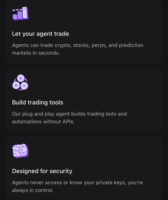 A dark-themed product feature list describing trading agent capabilities: 'Let your agent trade' (crypto, stocks, perps, prediction markets), 'Build trading tools' (no APIs needed), and 'Designed for security' (private keys stay with user).