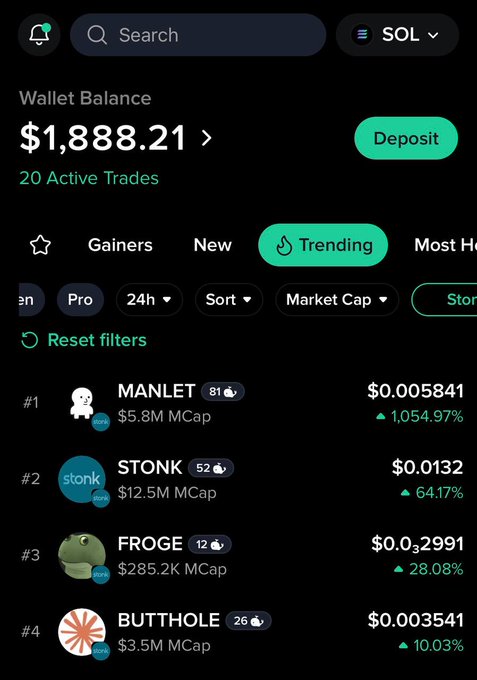The image shows a crypto wallet interface with a balance of $1,888.21 and 20 active trades, highlighting trending memecoins including MANLET ($5.8M MCap, +1,054.97%), STONK ($12.5M MCap, +64.17%), FROGE ($285.2K MCap, +28.08%), and BUTTHOLE ($3.5M MCap, +10.03%) — each tag indicating that users can easily view which tokens are paired on Moby directly from the interface.