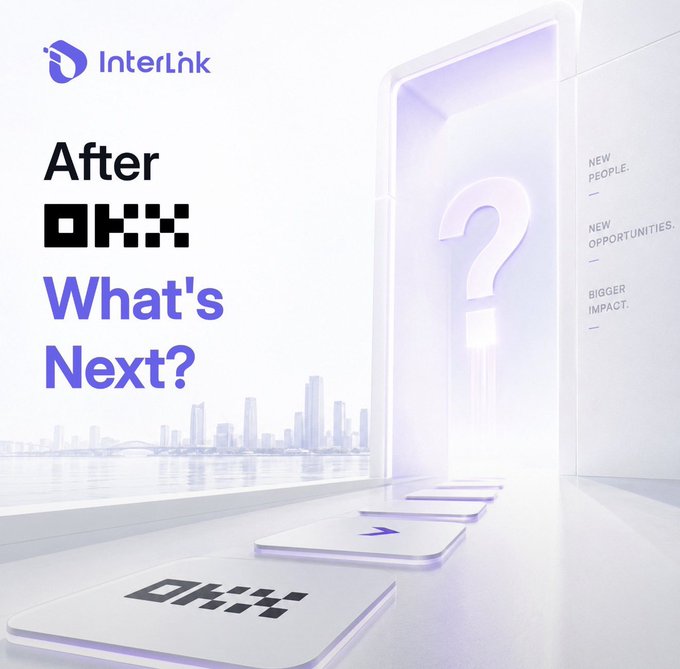 A promotional graphic for 'Interlink' with the text 'After OKX What's Next?' alongside a large question mark and a city skyline in the background.