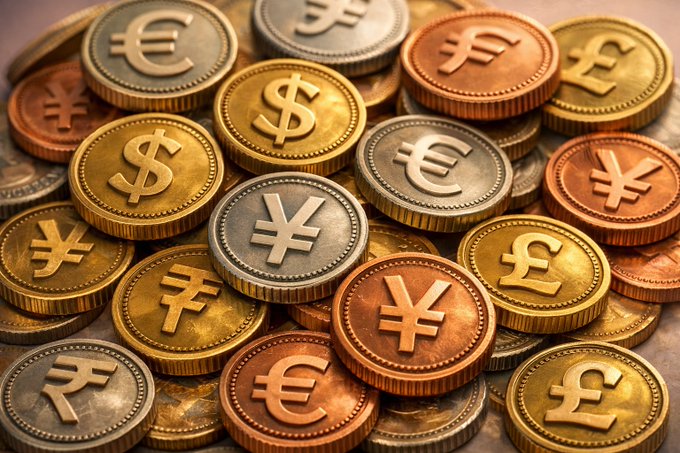 A pile of mixed gold, silver, and copper coins featuring US dollar ($), euro (€), and yen (¥) currency symbols is shown, visually representing the international currency exchange context. The image illustrates the cross-border FX settlement between yen and dollars that Circle and Nomura's new stablecoin partnership aims to streamline for Japanese businesses by 2027.