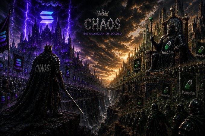 A dark fantasy digital artwork titled 'CHAOS: THE GUARDIAN OF SOLANA,' showing a king on a throne flanked by armies with Solana logos on banners, facing a soldier labeled 'CHAOS,' with Pump.fun pill logos scattered throughout.