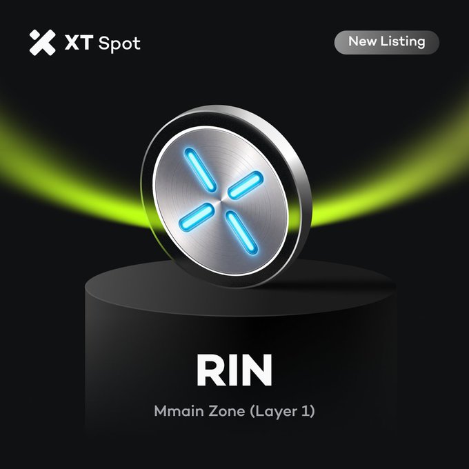 A promotional graphic for XT Spot announcing a 'New Listing' for the token 'RIN' on the Mmain Zone (Layer 1), featuring a glowing metallic coin with a blue X-like symbol.