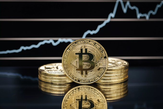A close-up photograph of a stack of physical gold Bitcoin tokens with the Bitcoin '₿' logo prominently displayed, set against a dark background featuring a stock market price chart.