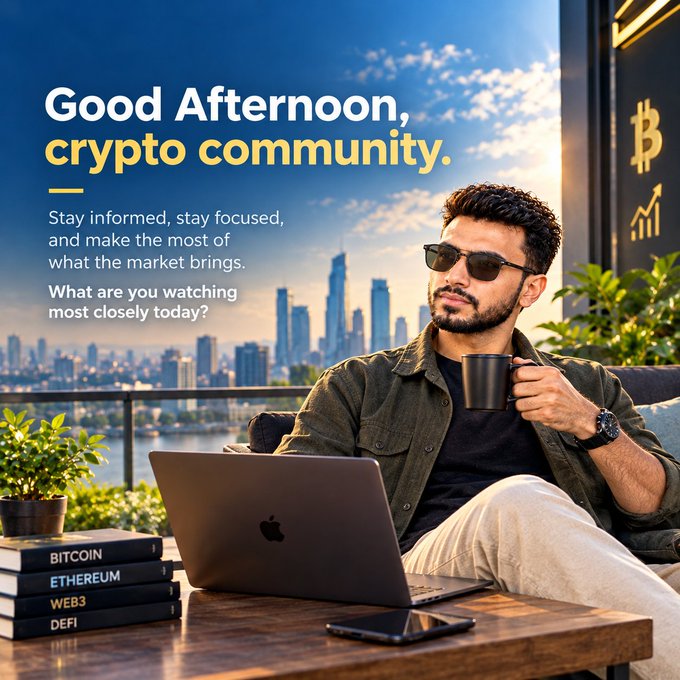 A promotional image reading 'Good Afternoon, crypto community' showing a man with sunglasses holding a coffee mug, with a MacBook, books labeled 'BITCOIN,' 'ETHEREUM,' 'WEB3,' and 'DEFI,' and a Bitcoin logo against a city skyline.