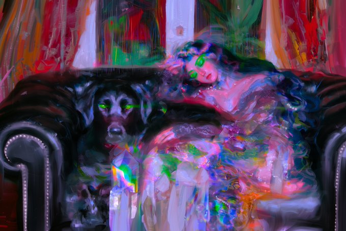 An abstract, expressionistic painting depicting a figure with glowing green eyes lying on a dark couch alongside a dark dog, with colorful paint drips and vibrant red tones.