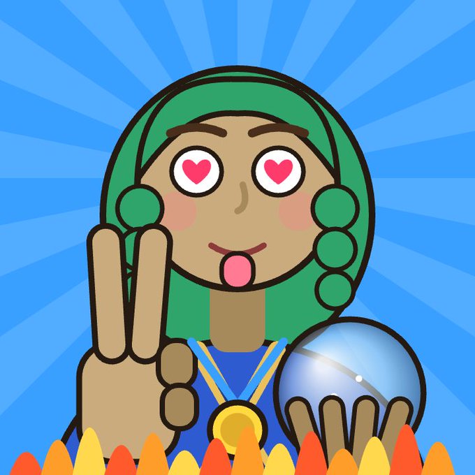 A cartoon illustration of a person with green hair and heart-shaped eyes, wearing a blue top with a gold medal, holding up two fingers in a peace sign while holding a crystal ball, with flames at the bottom against a blue sunburst background.