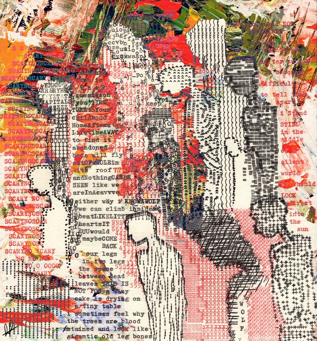 An abstract mixed-media artwork features heavily textured layers of red, green, blue, and black paint combined with printed text, creating a chaotic composition with ghostly silhouettes.