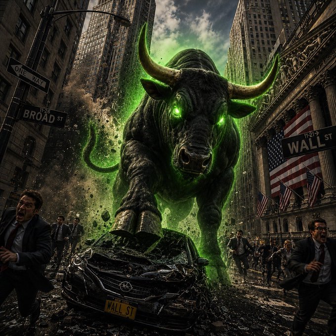 A dramatic illustration of a massive glowing green bull towering over Wall Street, trampling a car labeled 'WALL ST' as panicked businessmen flee.