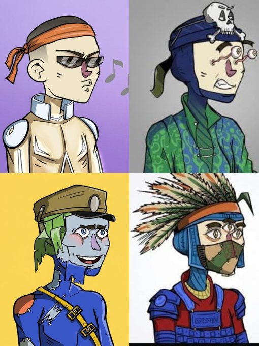Four stylized cartoon character portraits from the "Misfitverse" NFT collection, each featuring distinct designs such as an orange headband warrior, a skull-hooded figure with glasses, a green-haired officer in a cap, and a feathered helmet samurai with "5515344" on their chest plate.

The image showcases early alpha artwork from the Misfitverse project being promoted in the giveaway post, highlighting the collection's unique hand-drawn character designs to attract entries for the 5 GTD + 20 WL spot giveaway.