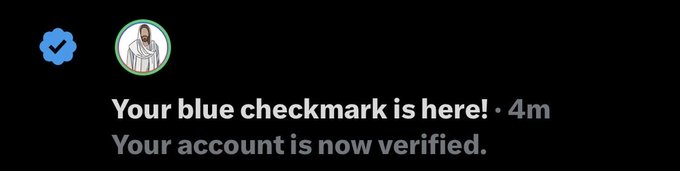 A notification message displaying 'Your blue checkmark is here! Your account is now verified.' with a verified profile icon.