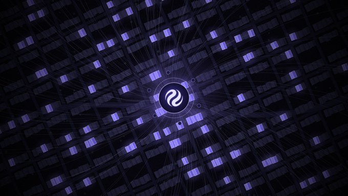 A dark digital graphic featuring a central logo with a wave symbol surrounded by a grid of illuminated purple squares.