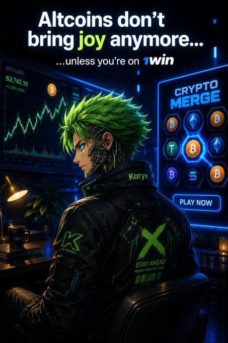 A green-haired anime-style cyberpunk character with a 'Koryx' jacket in front of crypto charts, captioned 'Altcoins don't bring joy anymore... unless you're on 1win' with a 'CRYPTO MERGE' game interface.