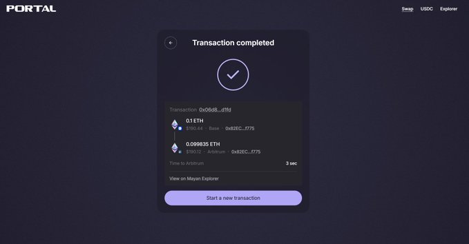 A confirmation screen on the Portal platform showing a successful 0.1 ETH to 0.098835 ETH transaction completed in 3 seconds via the Mayan Swap Explorer, with gas fees paid on the Base and Arbitrum networks.