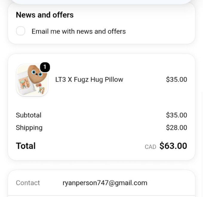 A checkout screen showing an order for an 'LT3 X Fugz Hug Pillow' priced at $35.00, with $28.00 shipping, totaling CAD $63.00, and the contact email ryanperson747@gmail.com.