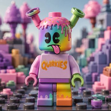 A 3D-rendered LEGO-style toy figure with a rainbow face sticking out its tongue, wearing a shirt that says 'QUIRKIES' against a pastel cityscape.