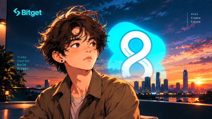 An illustrated young man with curly hair in a tan jacket looking toward a glowing Bitget logo and infinity symbol, with a cityscape at sunset in the background and the text 'Trade Smarter Build Bigger' alongside 'Web3 Crypto Future'.