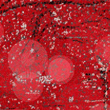 An abstract artwork featuring a heavily textured red background with concentric circular patterns and scattered dark and light speckles.