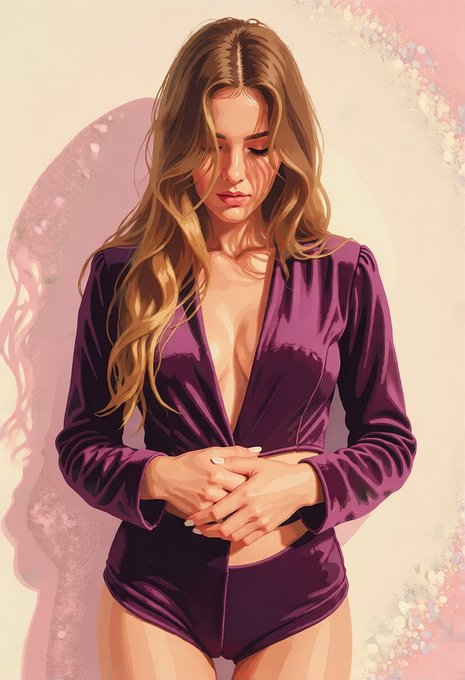 A digital illustration/painting of a woman with long blonde hair wearing a deep purple, open-chested velvet dress, posed against a pink and cream background with floral accents.