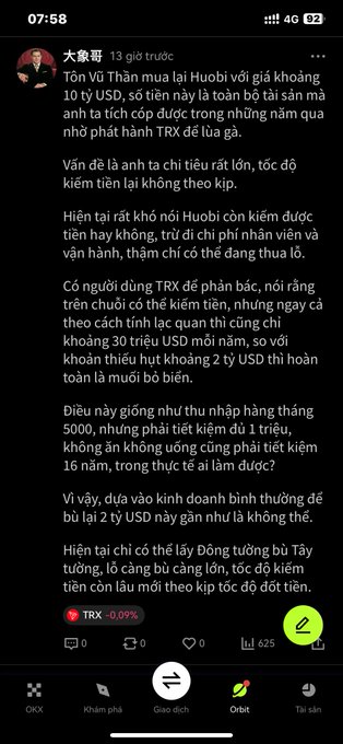 A screenshot of a Vietnamese social media post by '大象哥' discussing cryptocurrency, specifically Huobi and TRX tokens, with a timestamp of 07:58.