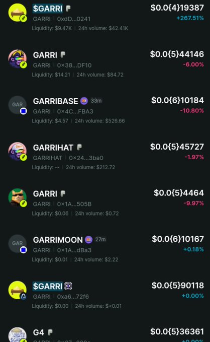 A mobile app screen showing cryptocurrency/token listings including $GARRI, GARRI, GARRIBASE, GARRIHAT, GARRIMOON, and G4 with their prices and 24h volume.