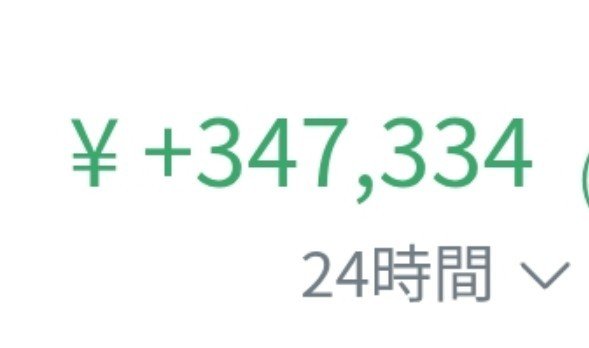 A screen displays green text showing '¥ +347,334' with '24時間' (24 hours) below it, indicating a financial gain.