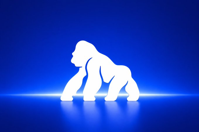 A glowing white silhouette of a gorilla stands against a deep blue background, visually representing the Bored Ape. The image ties directly to the post about the $APE token and the Bored Ape Yacht Club (BAY C) community, as the ape is the iconic symbol of the project.
