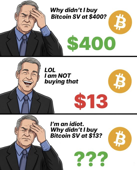 A three-panel meme featuring a businessman expressing regret about not buying Bitcoin SV at $400, mocking it when it dropped to $13, and then regretting not buying it at $13 with '???'.
