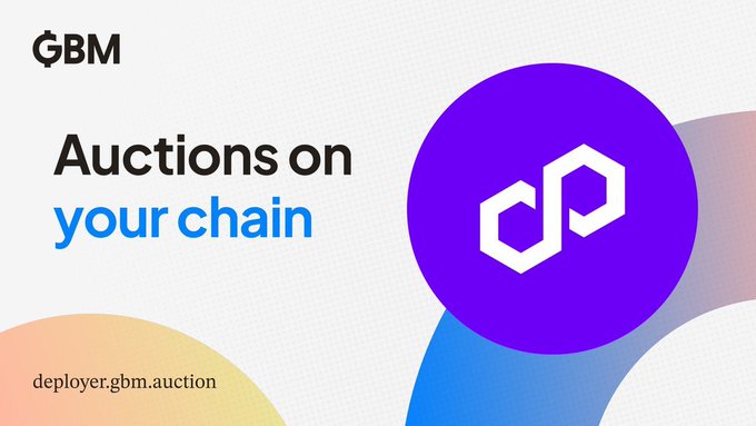 The image features a white background with a purple circle containing an "O" inside of it. Below this, there's text that reads "Auctions on Your Chain". The image also includes a logo for GBM, which is a blue circle with a purple "P" in the center and the words "DelivererGbmAuction" written below it.