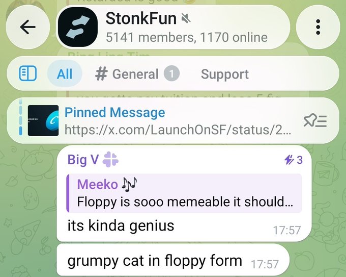 A screenshot of a Telegram group called 'StonkFun' showing 5141 members and 1170 online, with a pinned message linking to an X (Twitter) status and chat messages from users 'Big V' and 'Meeko' discussing 'Floppy' being memeable.