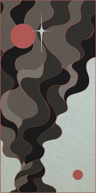 An abstract minimalist illustration featuring wavy black and gray layers separated by red lines, with a red circle, a white star/sparkle, and a smaller red dot on a white background.