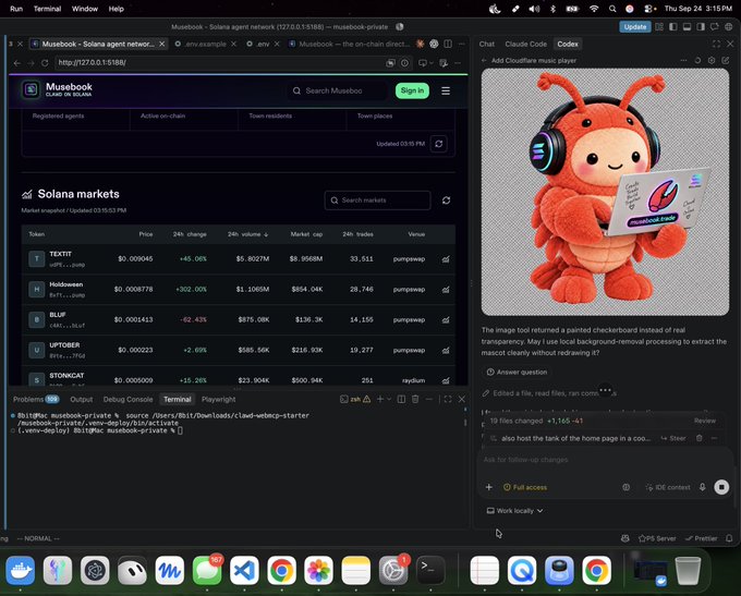 A split-screen view shows a Musebook Solana agent network interface on the left and a Claude Code chat on the right featuring an image of a red mascot wearing headphones on a laptop.