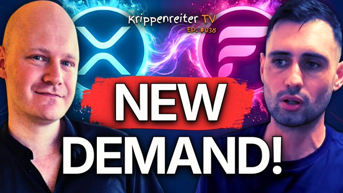 Thumbnail for Krippenreiter TV Episode #038 featuring two men with XRP and Flare (FLR) logos in the background, and bold red and white text reading "NEW DEMAND!" overlaying the center, promoting discussion of how growth in XRPL benefits Flare's native liquidity and assets.
