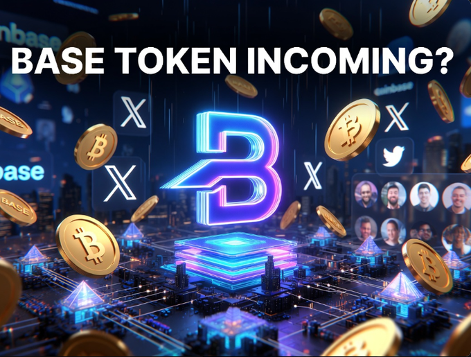 A futuristic digital graphic featuring a glowing blue "B" logo at the center, surrounded by floating gold Bitcoin coins and X (formerly Twitter) icons, with the headline "BASE TOKEN INCOMING?" displayed prominently across the top.

The image visually reinforces the post's discussion of growing speculation on X about Base launching its own token, using the prominent Bitcoin imagery and X branding to highlight the social media chatter driving the rumors.