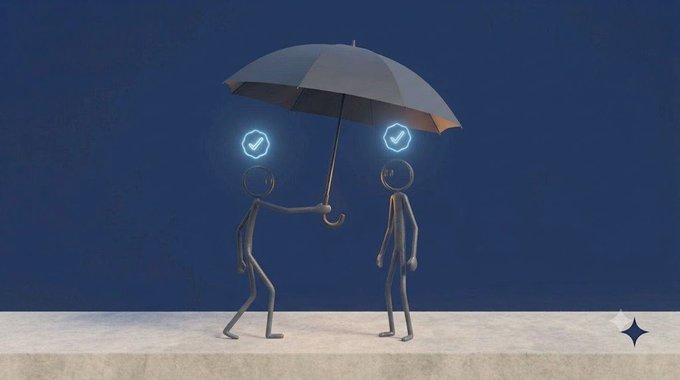 A 3D illustration of two stick figures with glowing blue checkmarks for heads standing under a single umbrella against a dark blue background.