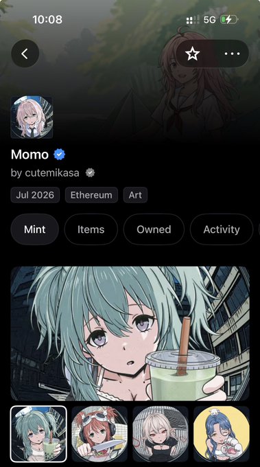 A mobile NFT marketplace screen displays a profile for "Momo" by artist cutemikasa, tagged as Ethereum Art from July 2026, featuring an anime-style character with teal hair holding a drink. The "Mint" tab is highlighted alongside options for Items, Owned, and Activity, directly tying into the post's prompt about minting an NFT featuring the character Momo.